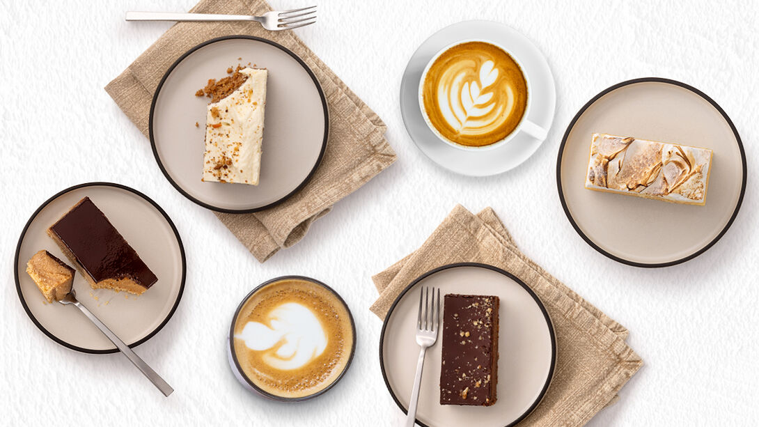 a selection of barista coffee and cake slices